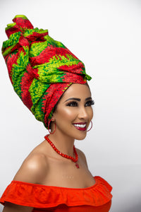 African Fair Woman Smiling Wearing A Culture Head Wrap Beauty Shoot With Make Up Red Lipstick