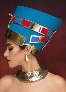 Egyptian Queen Nefertiti Costume Female Side Face Model With Make Up And Ancient Crown & Accessories With Brown Wallpaper Background