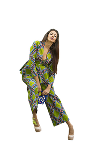 Brunette model wearing African print