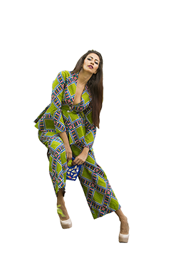 Brunette model wearing African print