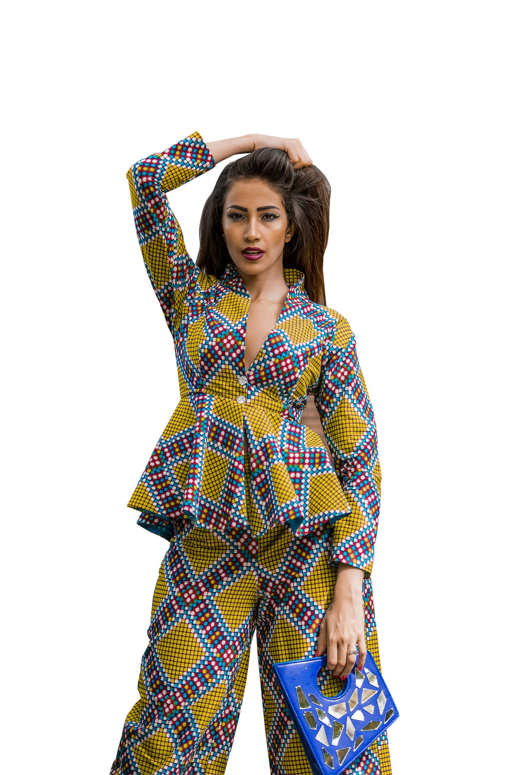 Brunette model wearing African print